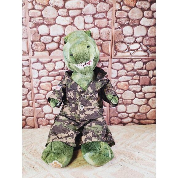 Build A Bear T-Rex Dinosaur Green Camouflage Plush With Military Outfit #A96 - Picture 1 of 5